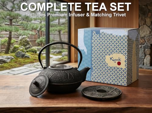 85 Oz XXL Black Bamboo Cast Iron Teapot