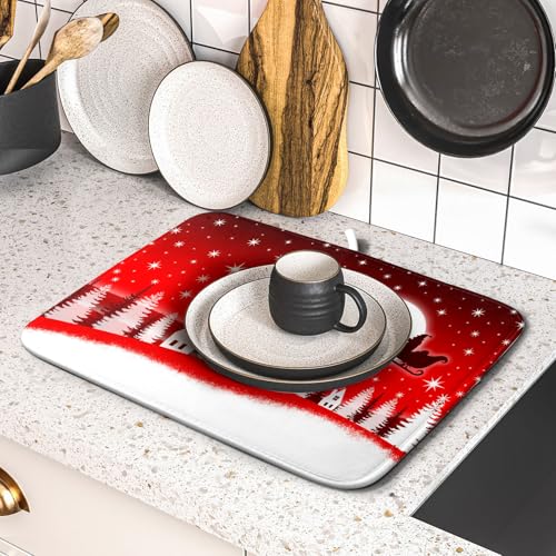 Christmas Reindeer Moon Star Red Dish Drying Mat for Kitchen Counter