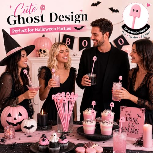 30 Pcs Halloween Swizzle Sticks Pink Ghost Fall Drink Stirrers (30 Count)