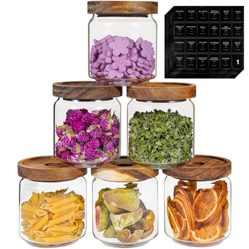 Small Glass Jars with Labels Spice Jar Round Storage Canister with Wooden Lid Clear Glass Food Jar for Pantry Sugar Tea Coffee Bean Spice Nuts Cookies Bath Salts
