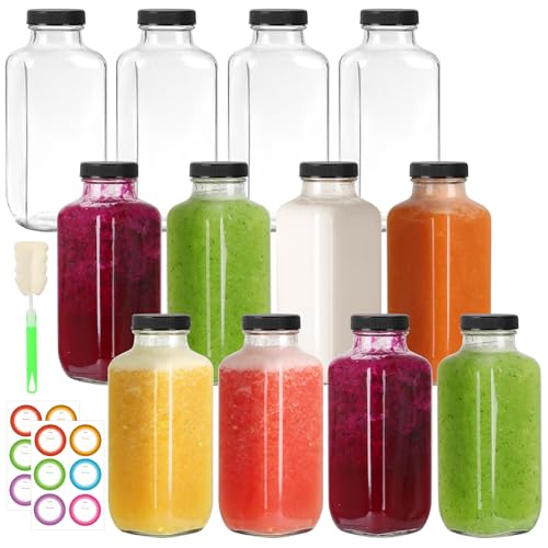 16 oz Glass Juice Bottles with Lids 12 Pack (12 Count)