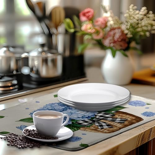 Spring Hydrangea Dish Drying Mats Spring Summer Floral Dish Mat Blue Flowers Butterfly Drying Matt Dishes Dryer Pad for Kitchen Counter Absorbent Microfiber Washable Foldable Reusable 18x24 in