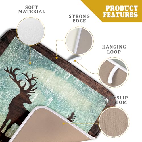 Retro Deer Forest Cabin Silhouette Dish Drying Mat Countertop 16x18 Fall Blue Sky Cloud Cartoon Elk Wild Animal Bushes Drainer Mat Pine Tree Grass Dishes Pad Rustic Dish Drainer Rack