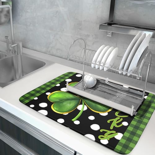 St. Patrick's Day Dish Drying Mats 18x24 Inch Green Clover Shamrock Lucky Kitchen Mat Polka Dot Microfiber Drying Mats Ultra Absorbent Reversible Dishes Drying Rack Pad for Kitchen Countertops