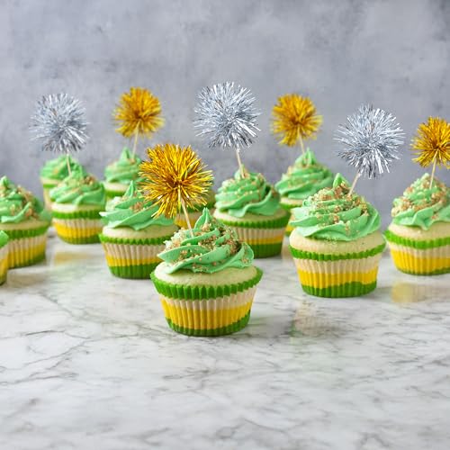 30Pcs Foil Firework Cupcake Toppers Party Birthday Cake Toppers Supplies Sparkle Tinsel Cocktail Fruit Toothpick for Birthday Wedding Graduation Party Supplies Gold Silver (30 Count)