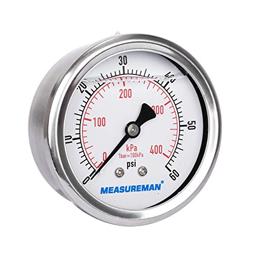 2-1/2inch Dial Size, Liquid Filled Pressure Gauge, 0-60psi/400kpa, 304 Stainless Steel Case, 1/4inchNPT Back Mount