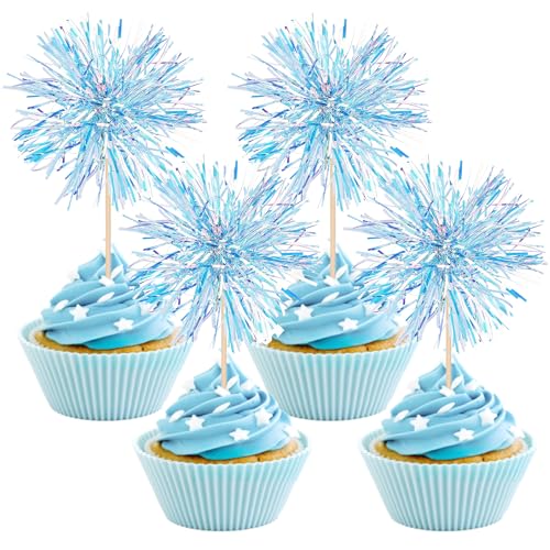 30 PCS Foil Firework Cupcake Toppers Happy Birthday Cupcake Toppers Sparkle Tinsel Flower Drink Stirrers Cocktail Fruit Toothpicks for Valentine's Day Baby Shower Party Cake Decor Supplies Blue (30 Count)