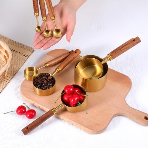 Stainless Steel Measuring Cups Set and Measuring Spoons Wooden Handle Metal Measure Cups and Spoons for Cooking and Baking