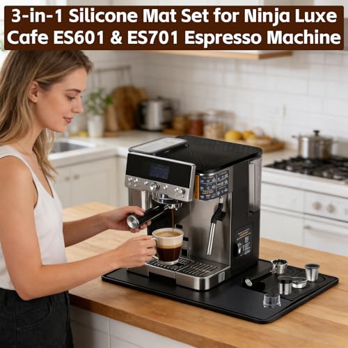 3-in-1 Silicone Mat Set for Ninja Luxe Cafe ES601 & ES701 Espresso Machine– Top Mat, Bottom Sliding Mat & Tamping Station Pad, Full Protection Non-Slip Coffee Machine Accessories (Black) (3 Count)