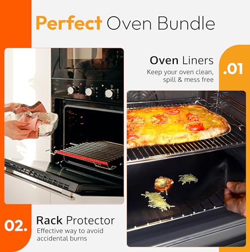 Oven Liners for Bottom of Oven 17"x 25" and Silicone Rack Guards Orange 14"