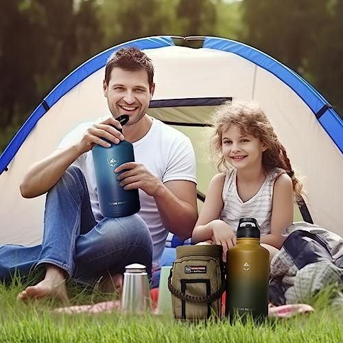 64 oz Insulated Water Bottle with Carrier Bag & 3 Lids