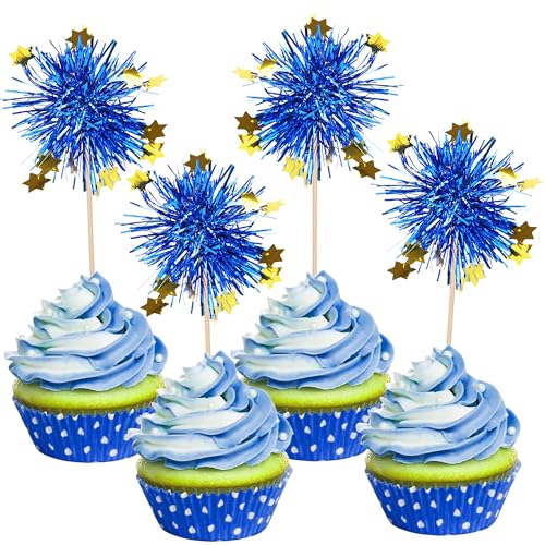 30 PCS Foil Firework Cupcake Toppers Happy Birthday Star Cupcake Picks Sparkle Tinsel Drink Stirrers Cocktail Fruit Toothpicks for Valentine's Day Wedding Birthday Party Decorations Supplies Blue (30 Count)