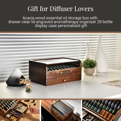 Acacia Wood Essential Oil Storage Box with Drawer & Clear Lid
