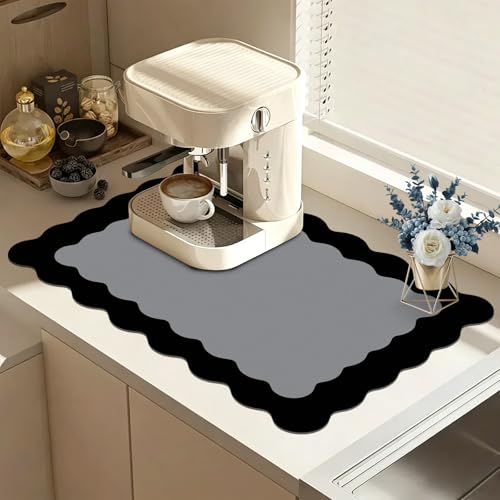 Black Scalloped Coffee Mat for Countertop Coffee Bar Mat Matt