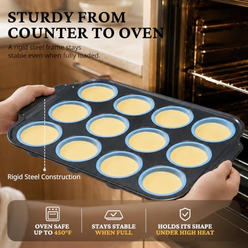 2 Pack 12 Cup and Mini 24 Cup Silicone Muffin Pans for Baking with Metal Frame (2 Count)