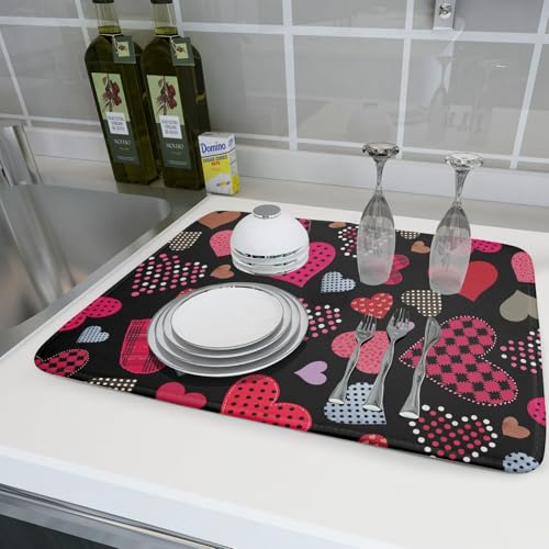Happy Valentine's Day Black Dish Drying Mat for Kitchen Counter