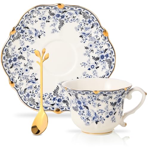 Country Roses Porcelain Tea Cup and Saucer Set with Gold Trim