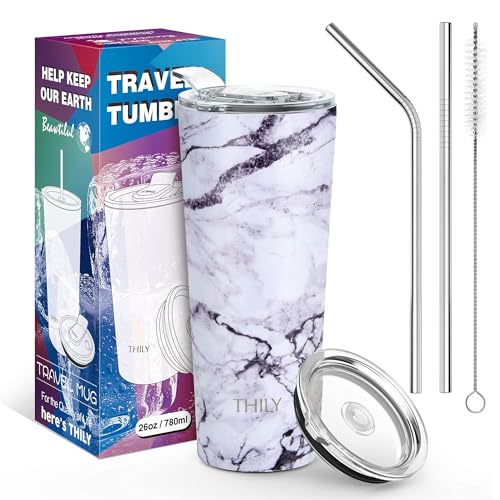 Stainless Steel Vacuum Insulated Tumbler Travel Mug 26 oz Coffee Cup with 2 Lids and Straws