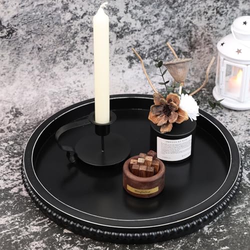Black Round Wood Decorative Ottoman Tray for Coffee Table