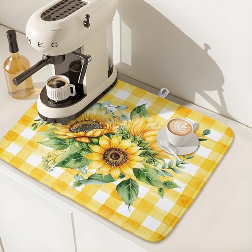 Sunflower Dish Drying Mat 18x24 Inch Absorbent Reversible Summer Sunflower Drying Mat Summer Plaid Dish Drying Rack Mat Yellow Summer Themed Dish Drainer Mat for Kitchen Counter Coffee Bar