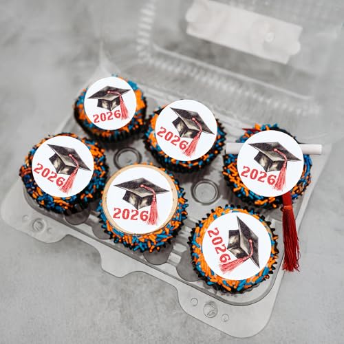 48Pcs Edible 2026 Graduation Cap Cupcake Toppers Wafer Paper Class of 2026 Grad Cap Cupcake Picks for 2026 Graduation Theme Party Cake Decorations Supplies Red (48 Count)
