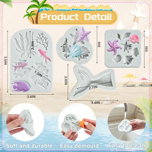 Mermaid Theme Cake Fondant Mold 4PCS Marine Silicone Mold (4 Count)