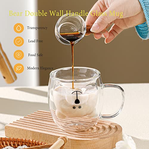 Bear Cute Mugs Kawaii Double Wall Glass Coffee Tea Mill Yogurt Cup Funny Novelty Gift for Women Her Friends Office Birthday Christmas