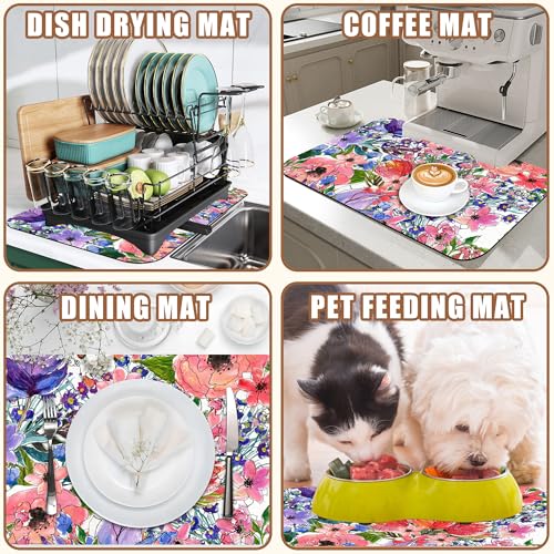 Dish Drying Mat Watercolor Colorful Floral Coffee Bar Mat for Countertop Absorbent Coffee Mat Rubber Backed Hide Stain Dish Drainer Rack Mat Coffee Maker Coffee Pot Dining Room Decor 11.8 x 19.7 Inch