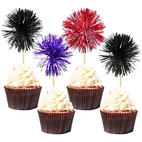 30Pcs Foil Firework Cupcake Toppers Sparkle Tinsel Cake Toppers Tinsel Drink Cake Decoration Cocktail Picks for Halloween Birthday Wedding Graduation Party Supplies Purple Black Red (30 Count)