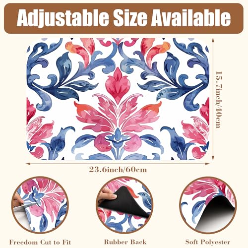 Blue and Pink Damask Coffee Mat Absorbent Dish Drying Mat for Kitchen Counter Hide Stain Coffee Bar Accessories with Rubber Backed Fit Under Espresso Machine Cafe Table