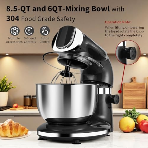 Stand Mixer 8.5QT+ 6QT Two Stainless Steel Bowls Electric Food Mixer Black