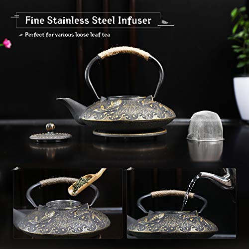 Koi Fish Cast Iron Teapot Set Stove Top 26 oz Tea Kettle with 4 Cups