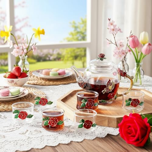 13 Pcs Glass Tea Set Rose Floral Vintage Teapot and Cups