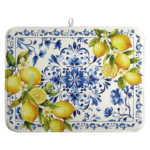 Lemon Dish Drying Mats Spring Summer Dish Mat Blue Chinoiserie Floral Drying Matt Dishes Dryer Pad for Kitchen Counter Absorbent Microfiber Washable Foldable Reusable 18x24 in