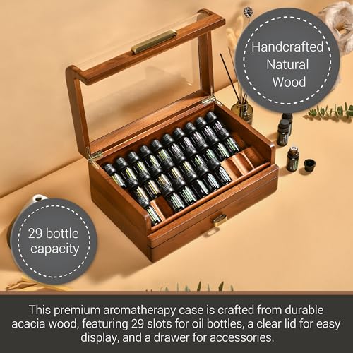 Acacia Wood Essential Oil Storage Box with Drawer & Clear Lid