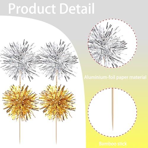 40 PCS Foil Firework Cupcake Toppers Sparkle Tinsel Cupcakae Picks Foil Firework Party Decorations Cocktail Fruit Toothpick for Fireworks Theme Birthday Wedding Graduation Party Decoration Gold Silver (40 Count)
