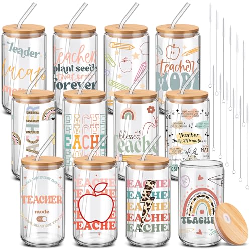 12 Sets Back to School Teacher Gifts Teacher Appreciation Glass Cups with Bamboo Lids and Straws 16oz Can Shaped Glass Tumbler for Women Cute Iced Coffee Glasses End of Year Gift Set (12 Count)