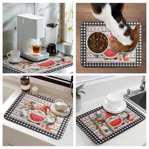 Summer Gnomes Dish Drying Mat Watermelon Buffalo Plaid Large Kitchen Dish Drying Pad Absorbent Drying Mat for Countertops Dish Dryer Mat Microfiber Dishes Drainer Pad Dish Drying Rack Mat 18x24 in