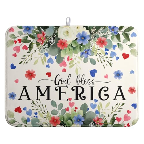 4th of July Patriotic Floral Dish Drying Mat Summer Memorial Day Large Kitchen Mats Dish Drying Pad Absorbent Dish Dryer Mat for Kitchen Countertops Microfiber Drainer Pad Dish Drying Mats