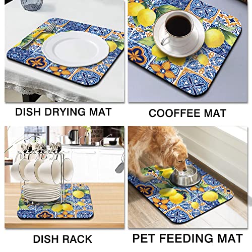 Rubber Dish Drying Mat for Kitchen Counter Large Lemon Washable Quick Home Coffee Pad Fit Under Sink