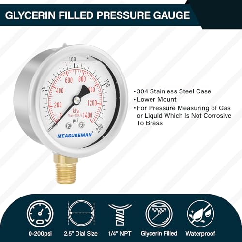 2-1/2inch Dial Size, Liquid Filled Pressure Gauge, 0-200psi/kpa, 304 Stainless Steel Case, 1/4 inchNPT Lower Mount