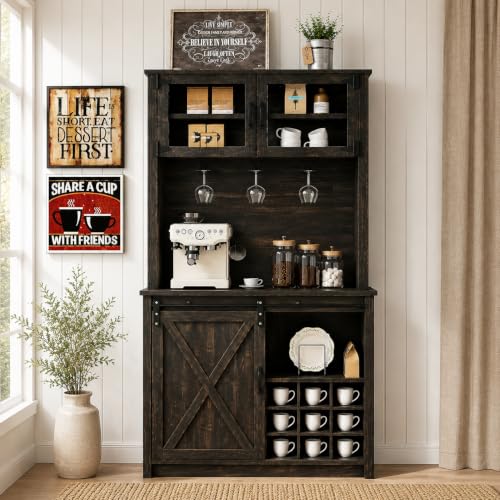 72" Farmhouse Coffee Bar Cabinet with Sliding Barn Door