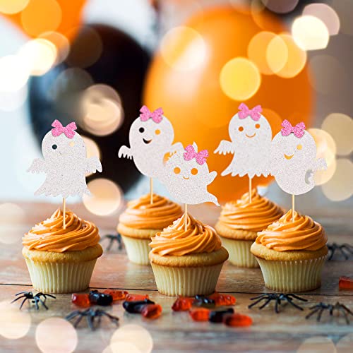 24Pcs Ghost Cupcake Toppers Pink Halloween Baby Shower Decor (24 Count)