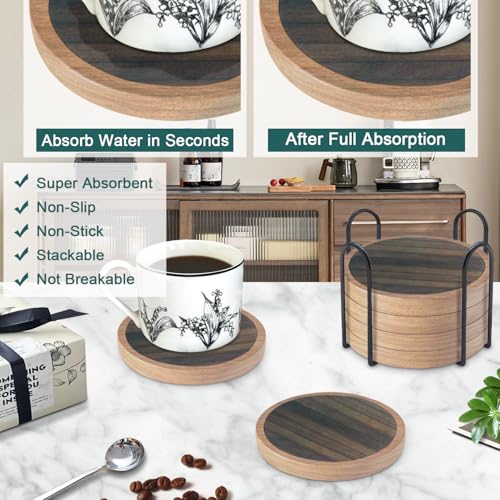 6 Pack Absorbent Coasters Set with Holder Wood Coasters for Drinks Housewarming Gifts for Home Decoration Cup Coasters for Coffee Tabletop Protection 4.3 Inch
