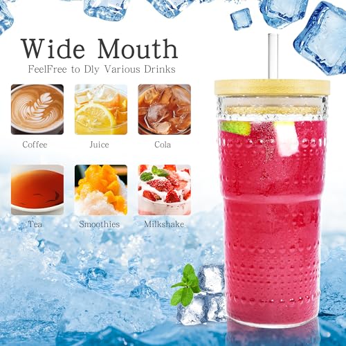 2 Pack 20oz Hobnail Drinking Glasses with Bamboo Lids and Glass Straw (2 Count)