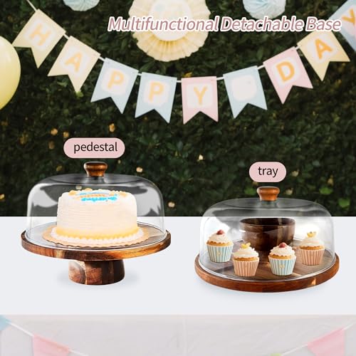 Wood-Cake-Stand With Acrylic Dome Lid, Round Wooden Cake Holder Plate With Cover, 2-in- 1 Dessert Table Display Set For Party, Charcuterie Board For Cheese, Chips & Dips, Nachos, Fruit Platter
