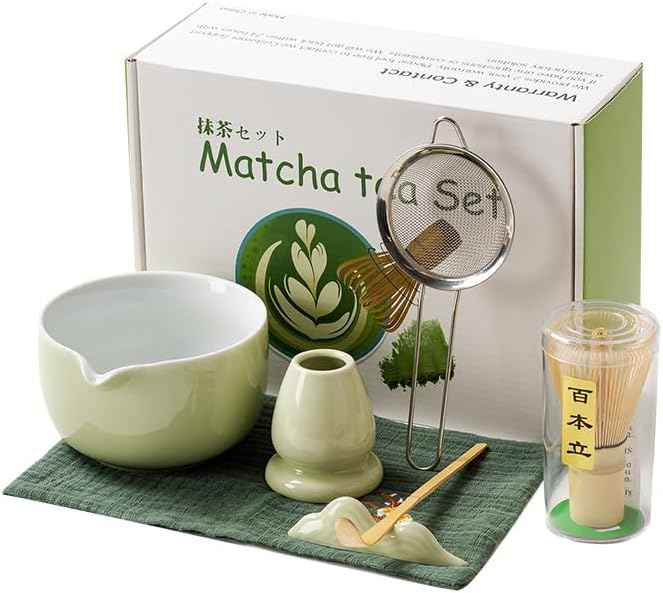 Matcha Whisk Set, 10 Pcs Matcha Set with Ceramic Bowl with Spout, Bamboo Whisk and Holder, Scoop, Sifter, Complete Matcha Kit for Traditional Japanese Tea Ceremony, Gift for Tea Lovers (Green)