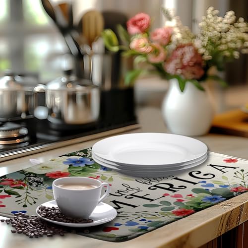 4th of July Patriotic Floral Dish Drying Mat Summer Memorial Day Large Kitchen Mats Dish Drying Pad Absorbent Dish Dryer Mat for Kitchen Countertops Microfiber Drainer Pad Dish Drying Mats