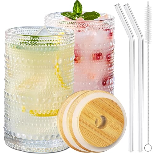 2 Pcs Iced Coffee Glasses Cups with Bamboo Lids and Straws (2 Count)