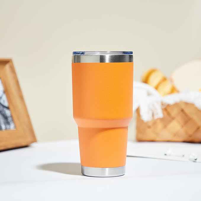 MEWAY 30oz Insulated Tumbler With Lids and Straws,Stainless Steel Double Vacuum Coffee Tumbler Cup, Brush, Durable Powder Coated Coffee Cup for Cold & Hot Drinks, Office, Travel(Orange,8 PACK)